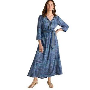 Soft Surroundings Eugenie Embellished Maxi Dress Blue L Paisley Boho No Belt